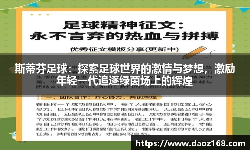 斯蒂芬足球：探索足球世界的激情与梦想，激励年轻一代追逐绿茵场上的辉煌